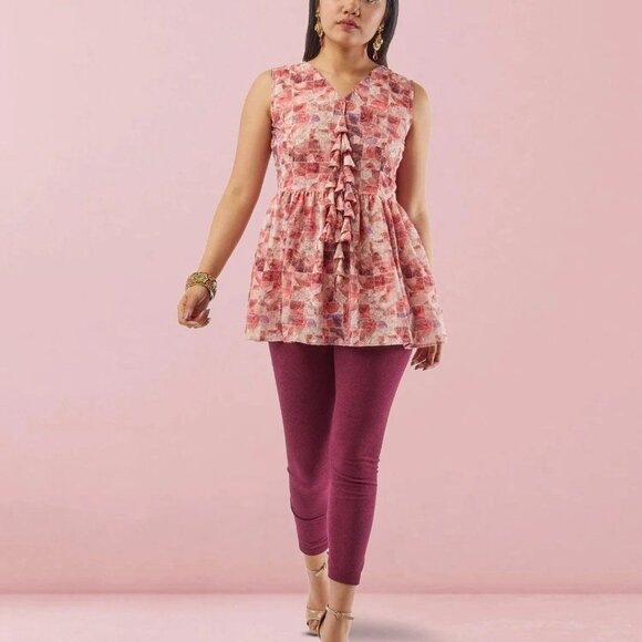 White and Red Printed Short Top with Latkans | Muvvas Boutique - Picture 3 of 5